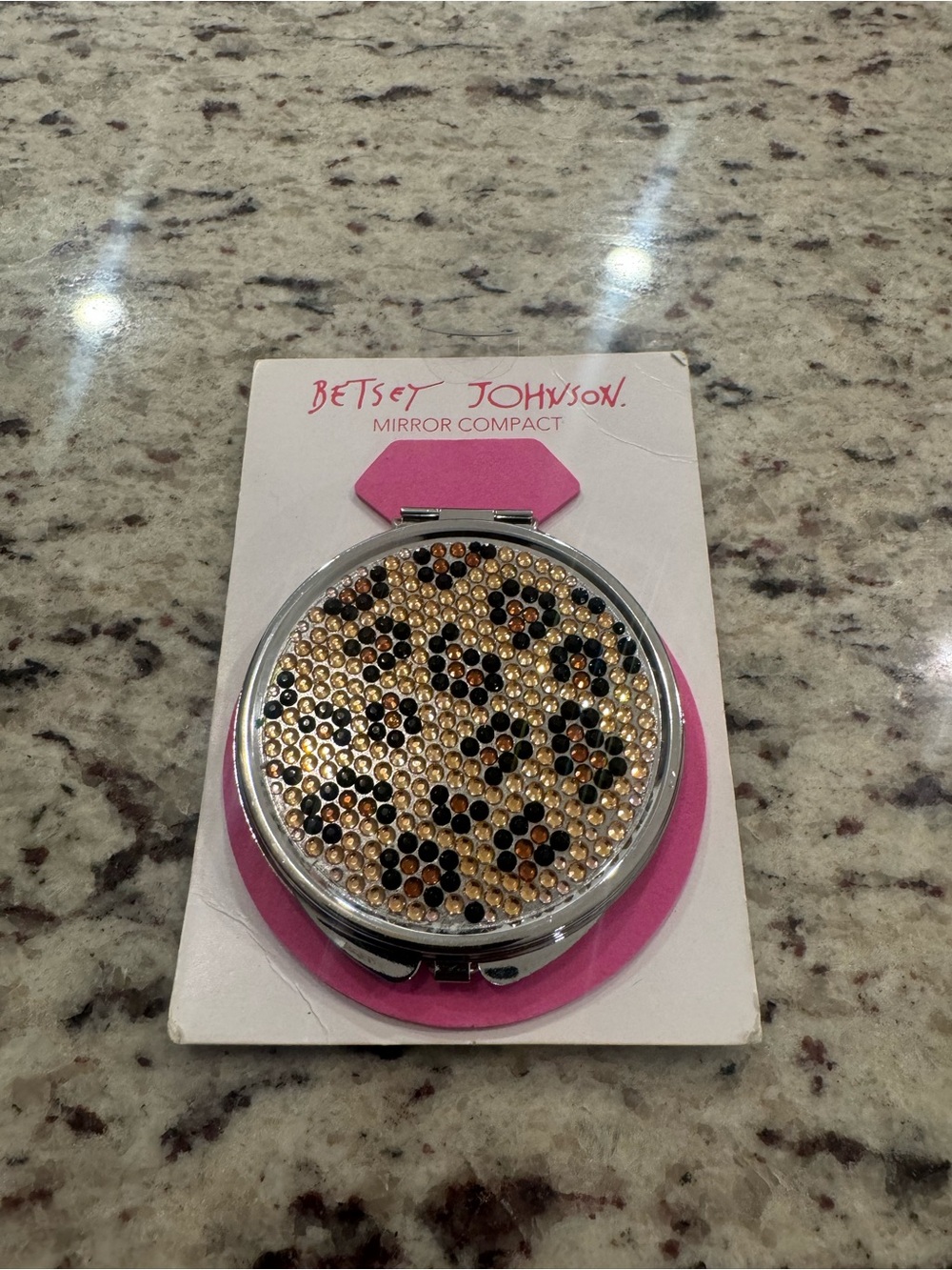 Betsey Johnson Gold and Black Rhinestone Leopard Compact Mirror